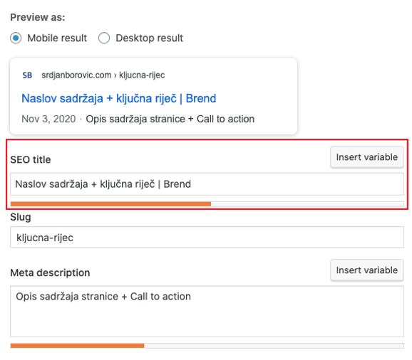 Yoast SEO Title tag primjer Yoast SEO Title tag primjer