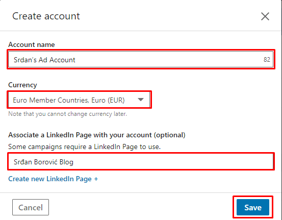 Kreiranje LinkedIn naloga za reklamiranje drugi korak Kreiranje LinkedIn naloga za reklamiranje drugi korak