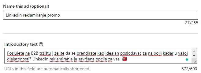 Kreiranje LinkedIn reklame drugi korak Kreiranje LinkedIn reklame drugi korak