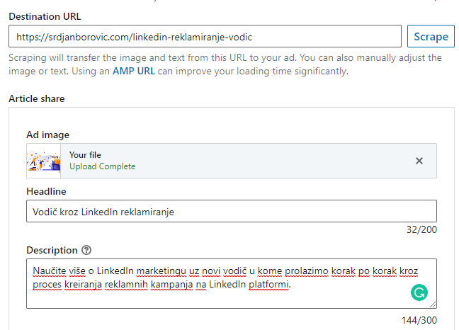 Kreiranje nove LinkedIn reklame treći korak Kreiranje nove LinkedIn reklame treći korak