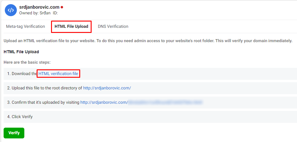 Verifikacija pomoću HTML fajla prvi korak Verifikacija pomoću HTML fajla prvi korak