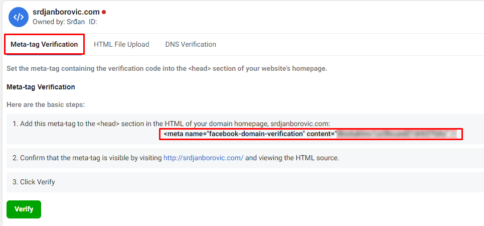 Verifikacija pomoću Meta Taga prvi korak Verifikacija pomoću Meta Taga prvi korak