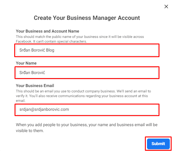 Kreiranje Business Manager naloga drugi korak